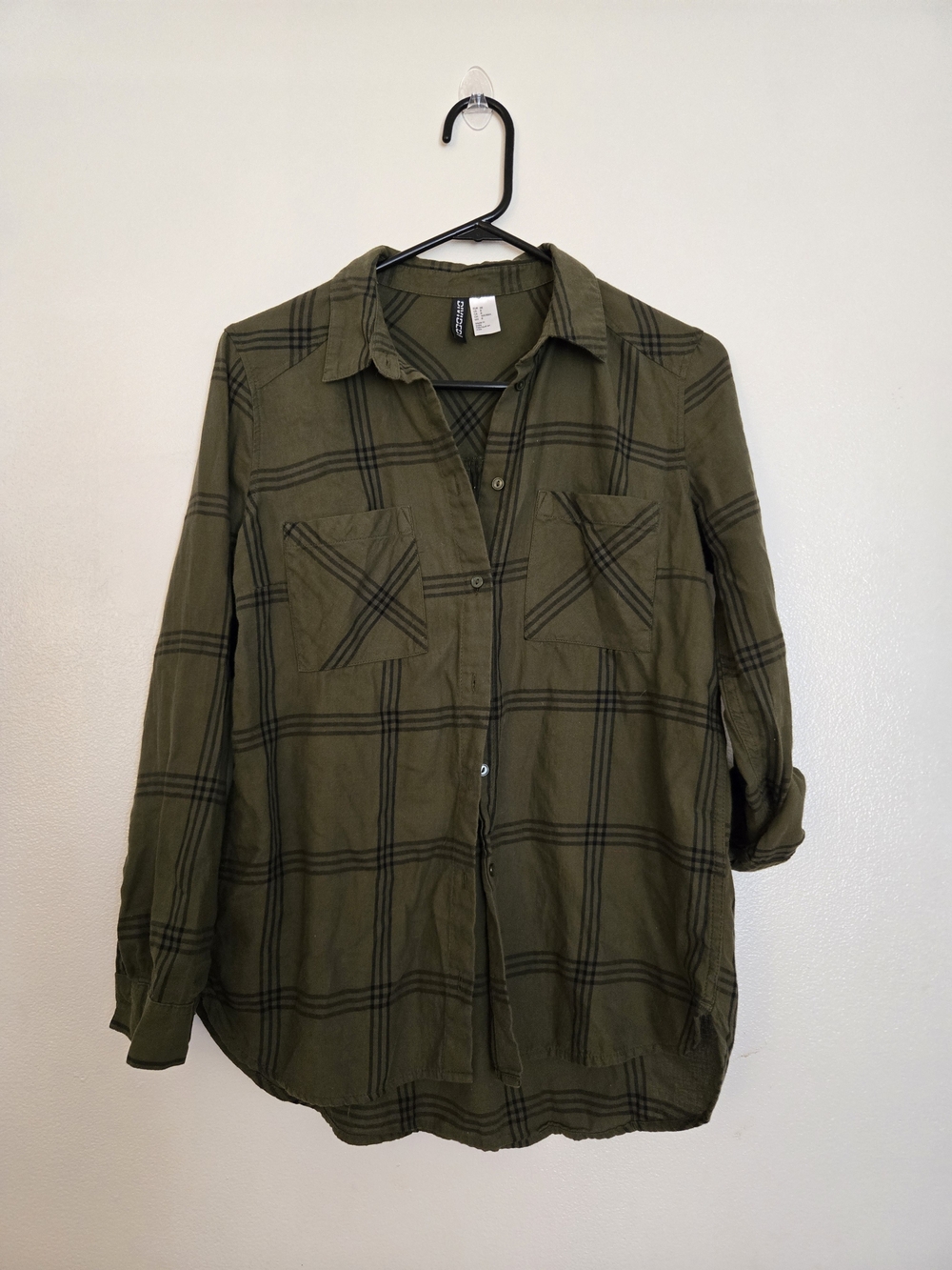 4/$15 Olive Green Plaid Button-Up Shirt Fisherman Top Women's Sz 8 Boho Casual - Picture 2 of 7